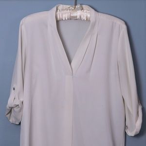 Open V-Neck Roll Sleeve Blouse